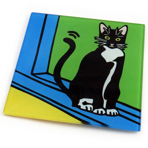 Tuxedo Cat/Black and White Cat/Kitten Tempered Glass Trivet