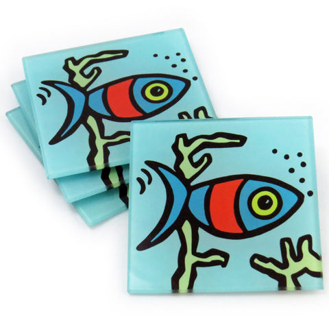 Fish Tempered Glass Coasters - Set of 4 (Available with or without coaster rack)