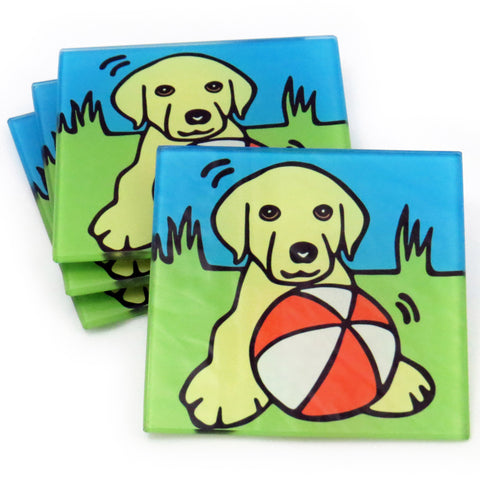 Yellow Labrador Retriever (Yellow Lab)  Puppy/Dog Tempered Glass Coasters - Set of 4 (Available with or without coaster rack)