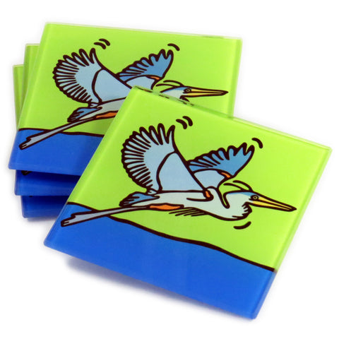 Great Blue Heron Tempered Glass Coasters - set of 4 (Available with or without coaster rack)