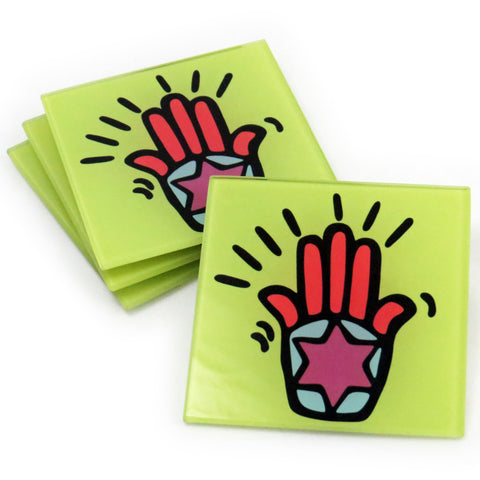 Hamsa Tempered Glass Coasters - Set of 4 (Available with or without coaster rack)