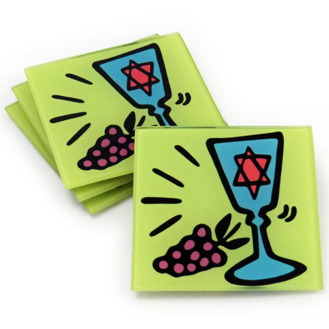 Kiddush Cup Tempered Glass Coasters - Set of 4 (Available with or without coaster rack)