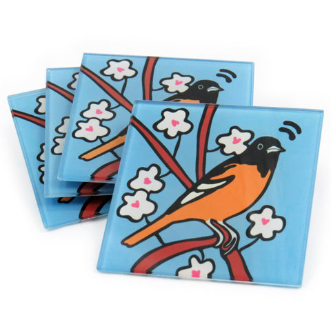 Oriole Tempered Glass Coasters - set of 4 (Available with or without coaster rack)