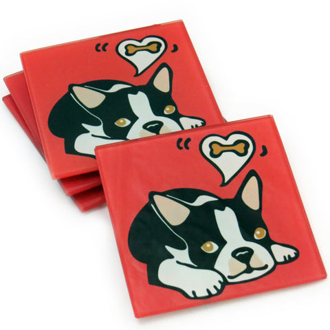 Boston Terrier Puppy/Dog Tempered Glass Coasters - Set of 4 (Available with or without coaster rack)