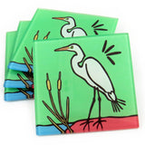 Egret Tempered Glass Coasters - set of 4 (Available with or without coaster rack)