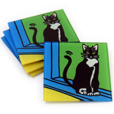Tuxedo Cat/Black & White Cat Kitten Tempered Glass Coasters - Set of 4 (Available with or without coaster rack)