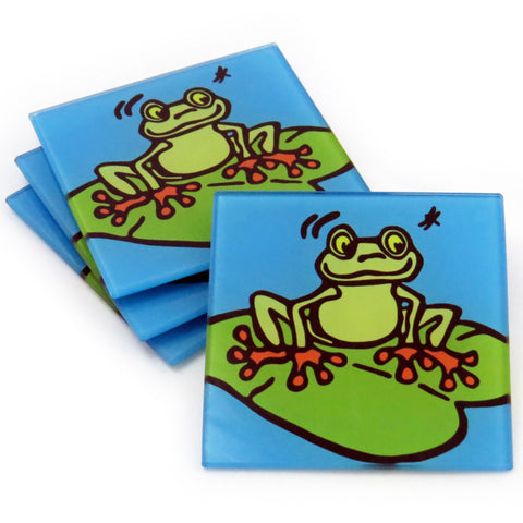 Frog Tempered Glass Coasters - Set of 4 (Available with or without coaster rack)