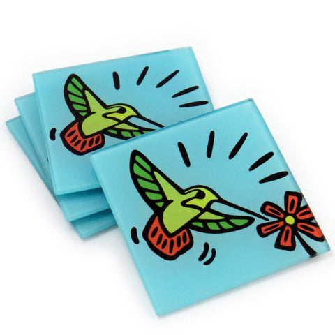 Hummingbird Tempered Glass Coasters - Set of 4 (Available with or without coaster rack)