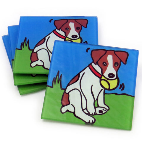 Jack Russell Terrier Dog/Puppy Tempered Glass Coasters - Set of 4 (Available with or without coaster rack)