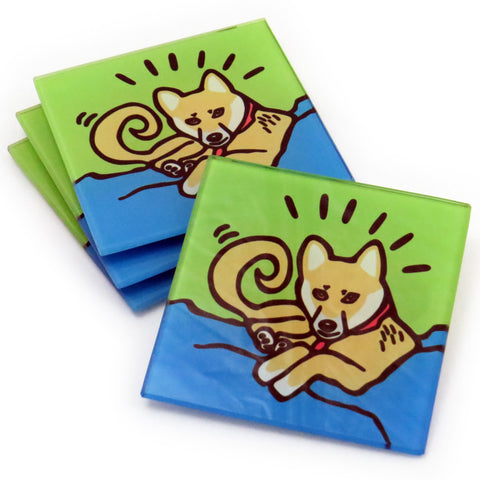 Shiba Inu Dog/Puppy Tempered Glass Coasters - Set of 4 (Available with or without coaster rack)