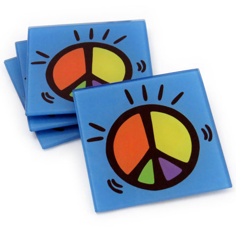 Peace Tempered Glass Coasters - Set of 4 (Available with or without coaster rack)