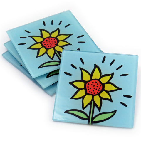 Sunflower Tempered Glass Coasters - Set of 4 (Available with or without coaster rack)