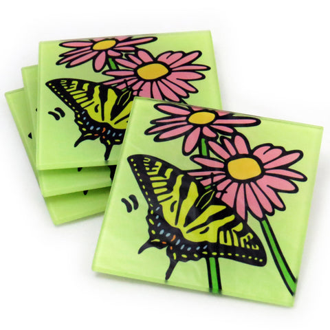 Tiger Swallowtail Butterfly Tempered Glass Coasters - Set of 4 (Available with or without coaster rack)