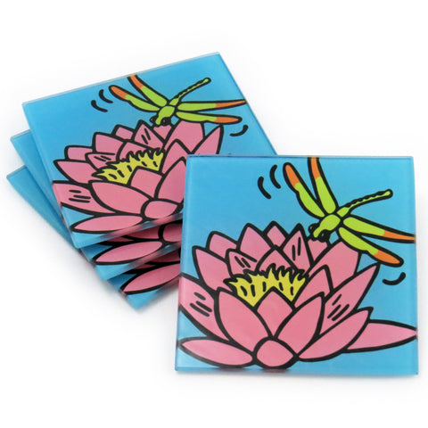 Waterlily Tempered Glass Coasters - Set of 4 (Available with or without coaster rack)